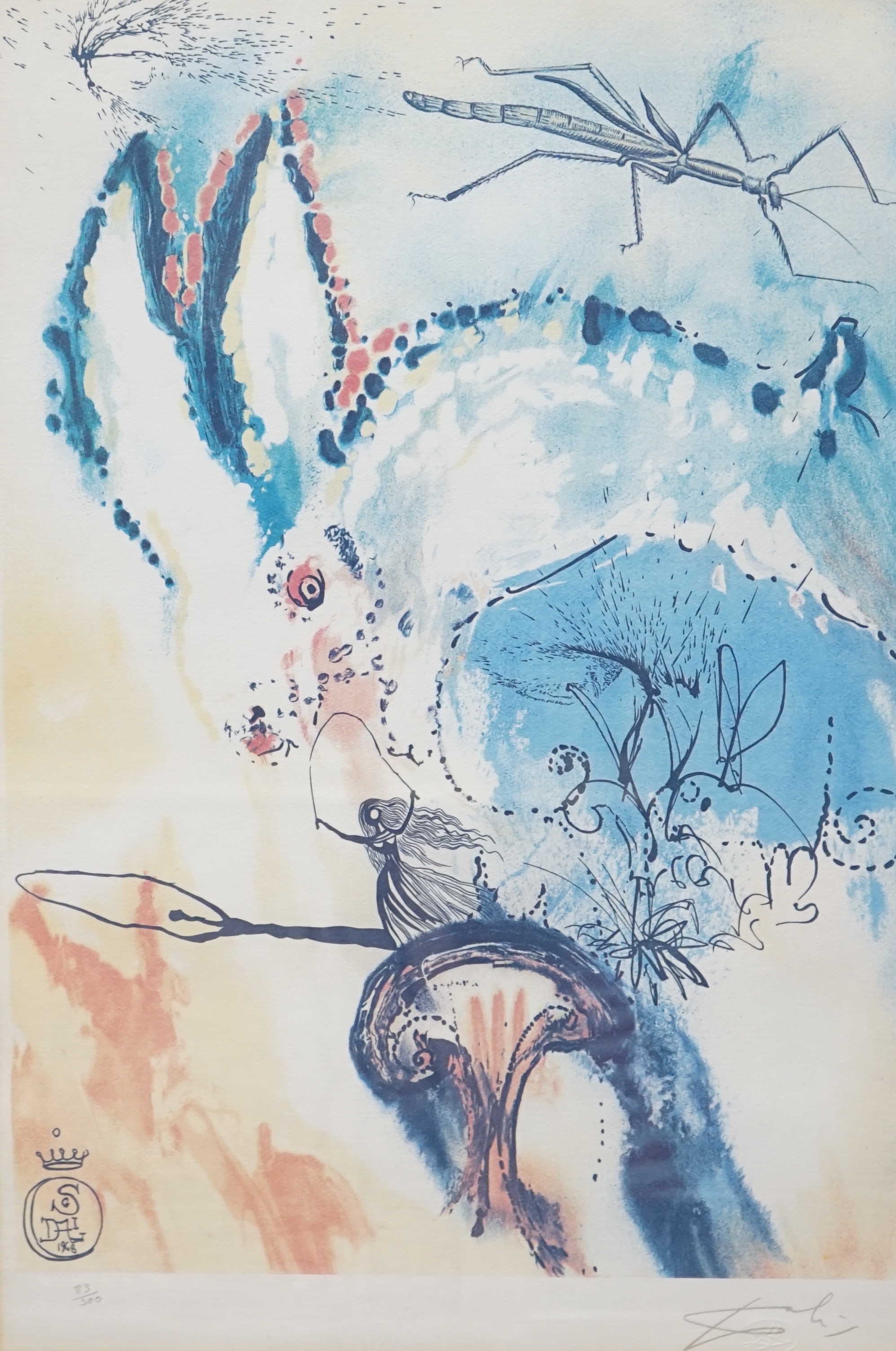 Salvador Dali (Spanish 1904-1989), colour lithograph, Alice in Wonderland, ‘Down the Rabbit Hole’, pencil numbered 83/300, facsimile signature, certificate of authenticity verso 56 x 37cm. Condition - fair
